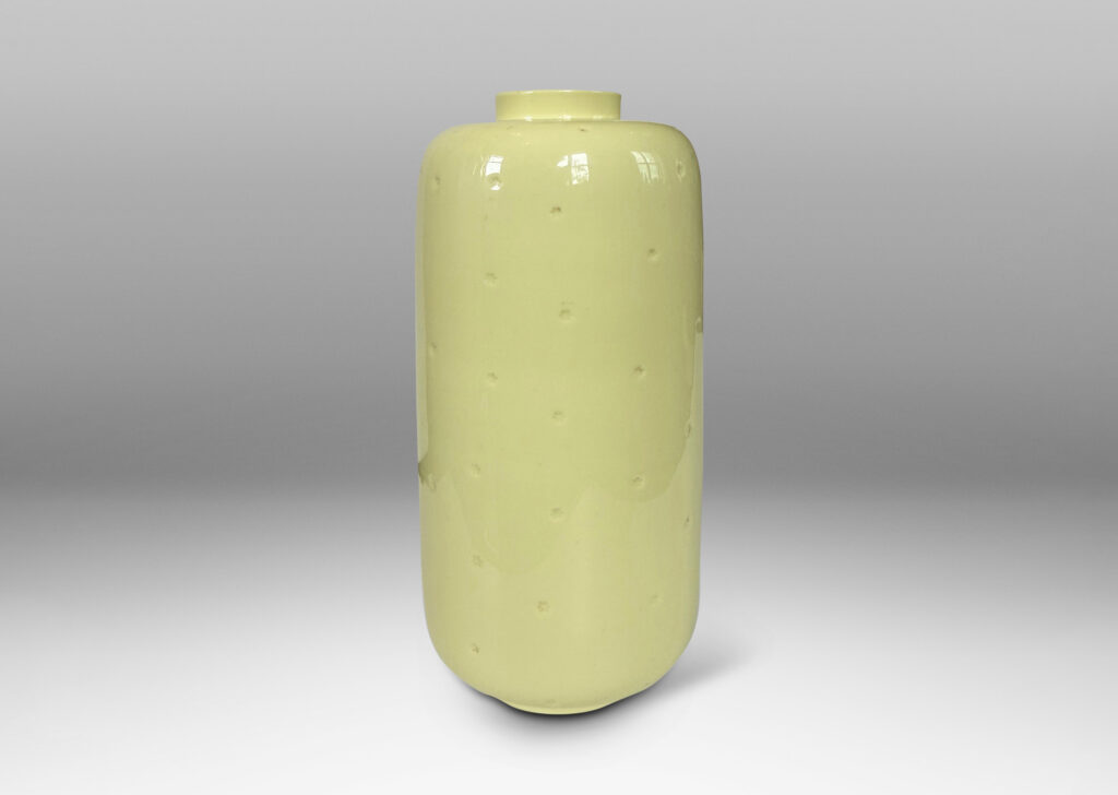 Gallery BAC cylindrical ovoid form with delicate star shaped polka dots, with “Sunny” glossy very pale lemon yellow