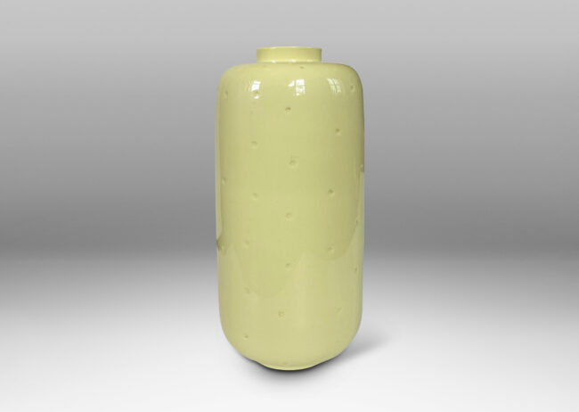 Gallery BAC cylindrical ovoid form with delicate star shaped polka dots, with “Sunny” glossy very pale lemon yellow