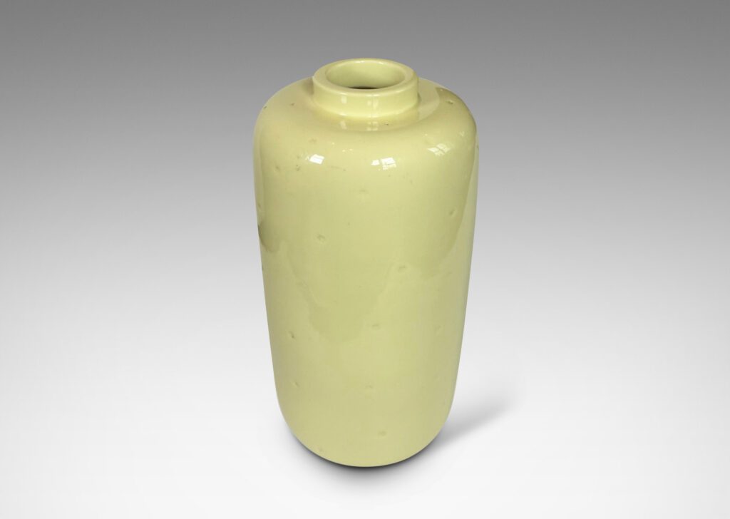 Gallery BAC cylindrical ovoid form with delicate star shaped polka dots, with “Sunny” glossy very pale lemon yellow