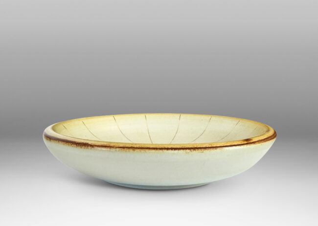 Gallery BAC soft modeling and carved radiating pinstripes, glazed in ivory with light brown accents