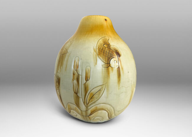 Gallery BAC ovoid gourd form with carved reliefs of goldfish and water flora