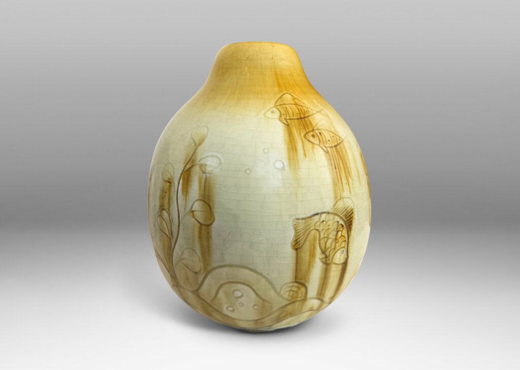 Gallery BAC ovoid gourd form with carved reliefs of goldfish and water flora