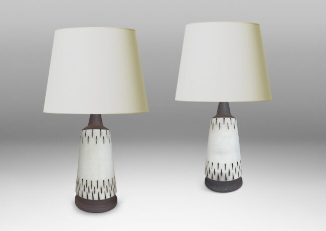 Gallery BAC raked forms with carved geometric ornaments, glazed in matte pale gray and brown