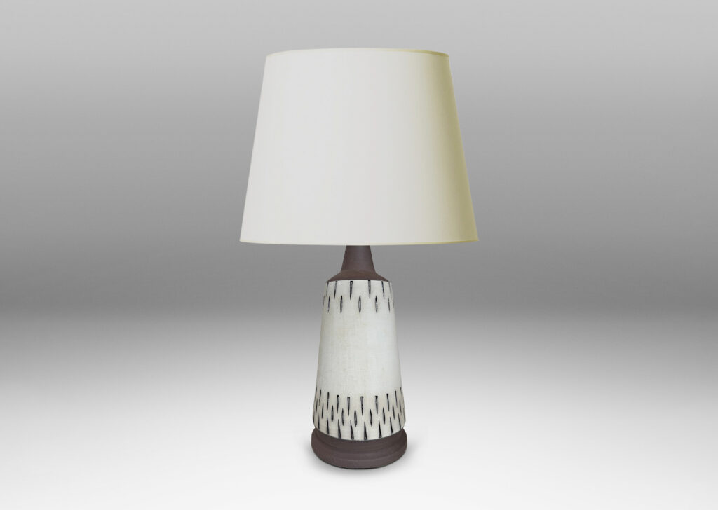 Gallery BAC raked forms with carved geometric ornaments, glazed in matte pale gray and brown