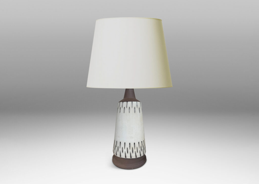 Gallery BAC raked forms with carved geometric ornaments, glazed in matte pale gray and brown