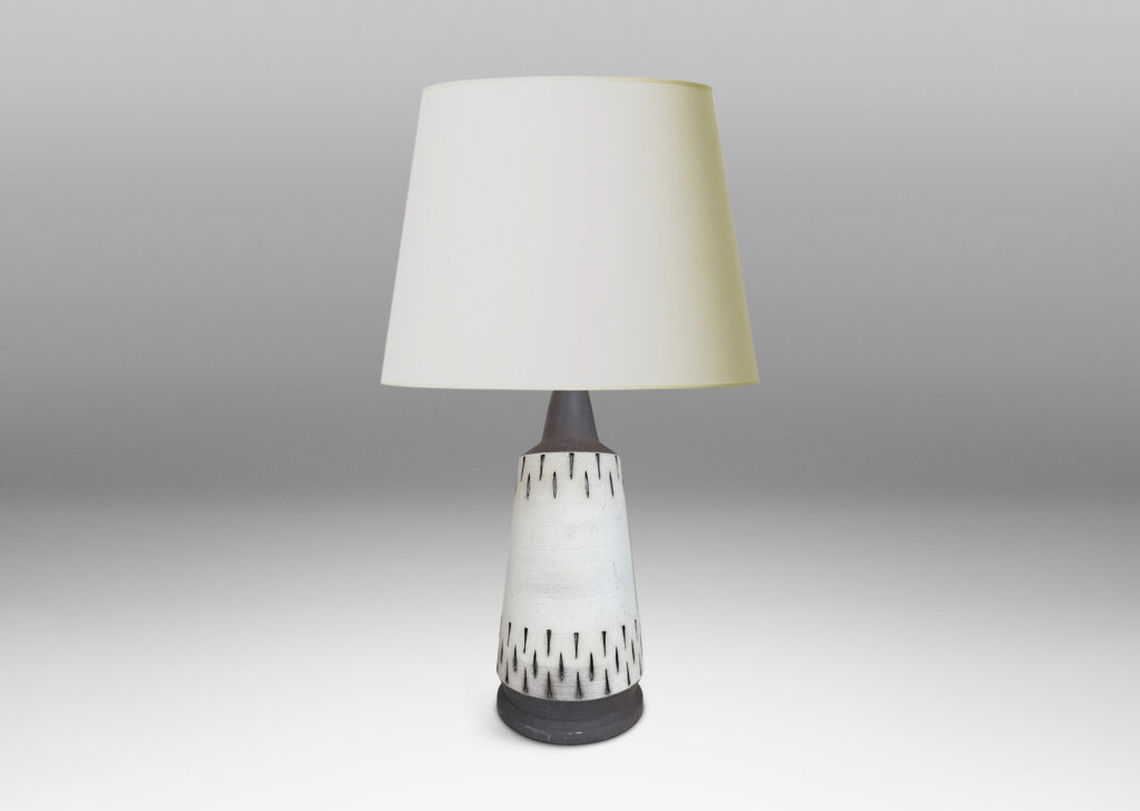 Gallery BAC raked forms with carved geometric ornaments, glazed in matte pale gray and brown