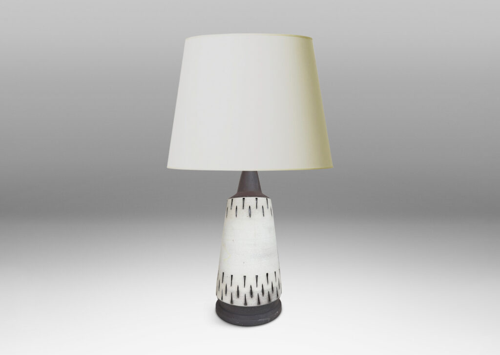 Gallery BAC raked forms with carved geometric ornaments, glazed in matte pale gray and brown