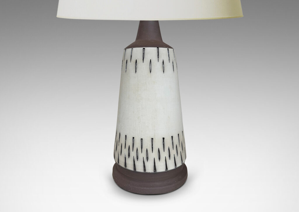 Gallery BAC raked forms with carved geometric ornaments, glazed in matte pale gray and brown