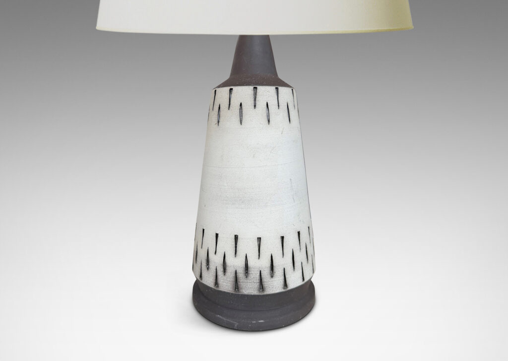 Gallery BAC raked forms with carved geometric ornaments, glazed in matte pale gray and brown