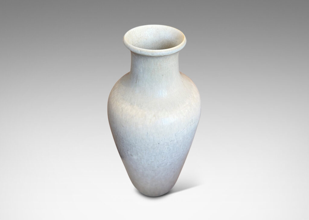 Gallery BAC classic tapered form and wide neck with flared lip, glazed in a dappled off white