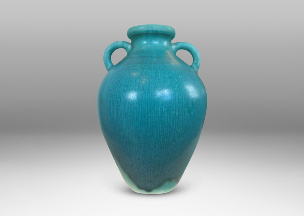 Gallery BAC elegant tapered form with flared mouth and loop handles, glazed in harefur eggshell turquoise