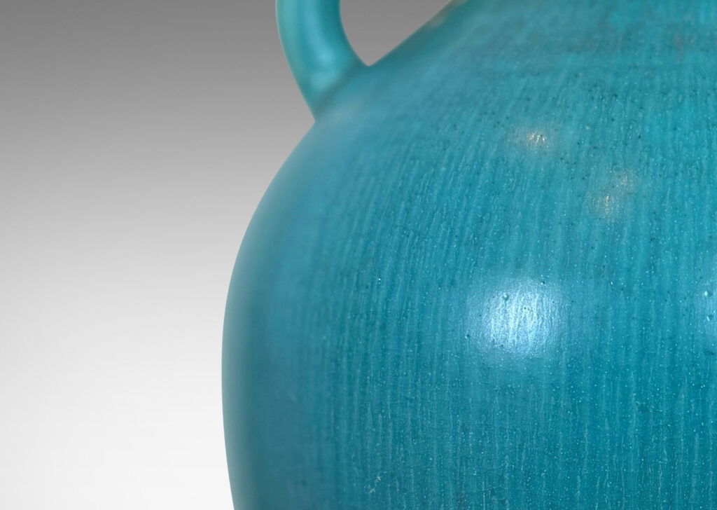 Gallery BAC elegant tapered form with flared mouth and loop handles, glazed in harefur eggshell turquoise