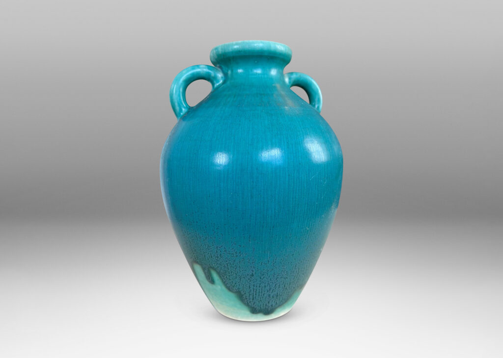 Gallery BAC elegant tapered form with flared mouth and loop handles, glazed in harefur eggshell turquoise