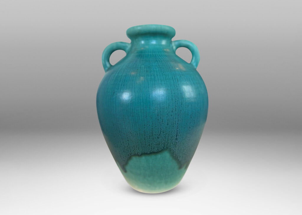 Gallery BAC elegant tapered form with flared mouth and loop handles, glazed in harefur eggshell turquoise