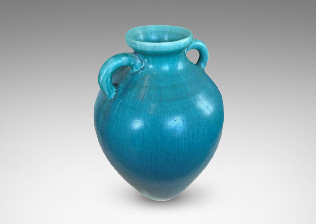 Gallery BAC elegant tapered form with flared mouth and loop handles, glazed in harefur eggshell turquoise