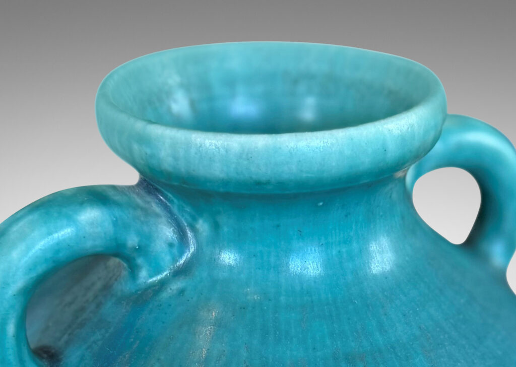 Gallery BAC elegant tapered form with flared mouth and loop handles, glazed in harefur eggshell turquoise