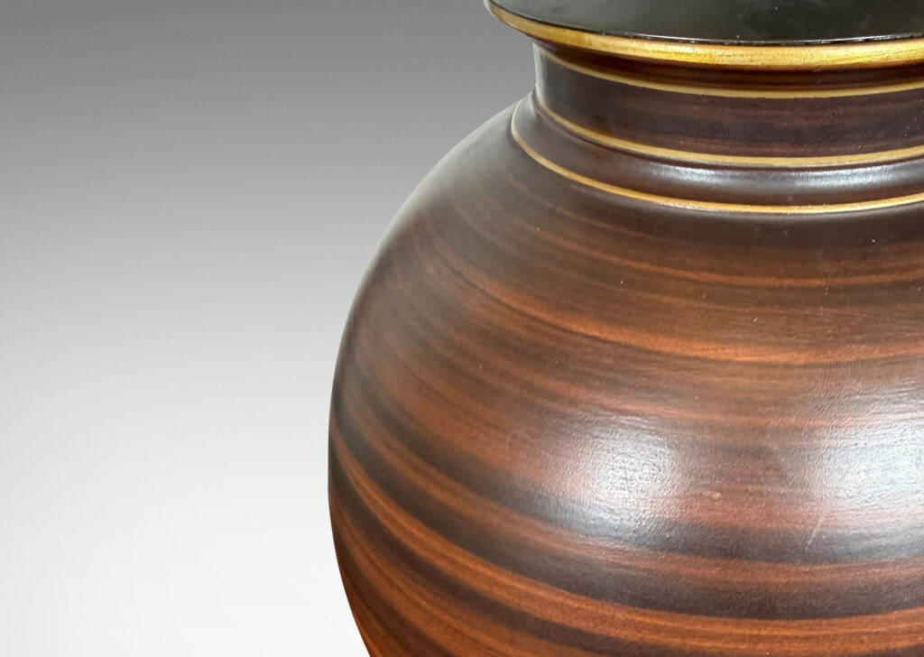 Gallery BAC globe forms with reveal and collar neck, glazed in a wonderful faux-bois striae brown