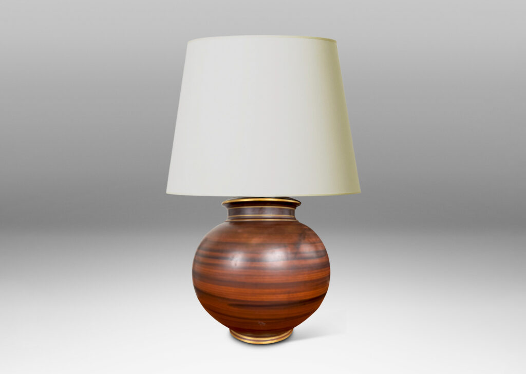 Gallery BAC globe forms with reveal and collar neck, glazed in a wonderful faux-bois striae brown