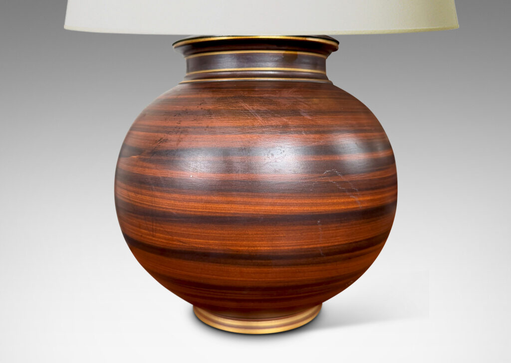 Gallery BAC globe forms with reveal and collar neck, glazed in a wonderful faux-bois striae brown