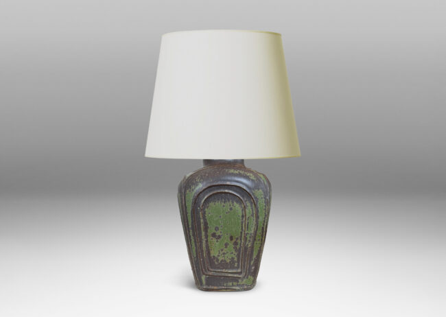 Gallery BAC four arched sides with squinched shoulders and a bottle mouth, glazed in eggshell jungle green and brown