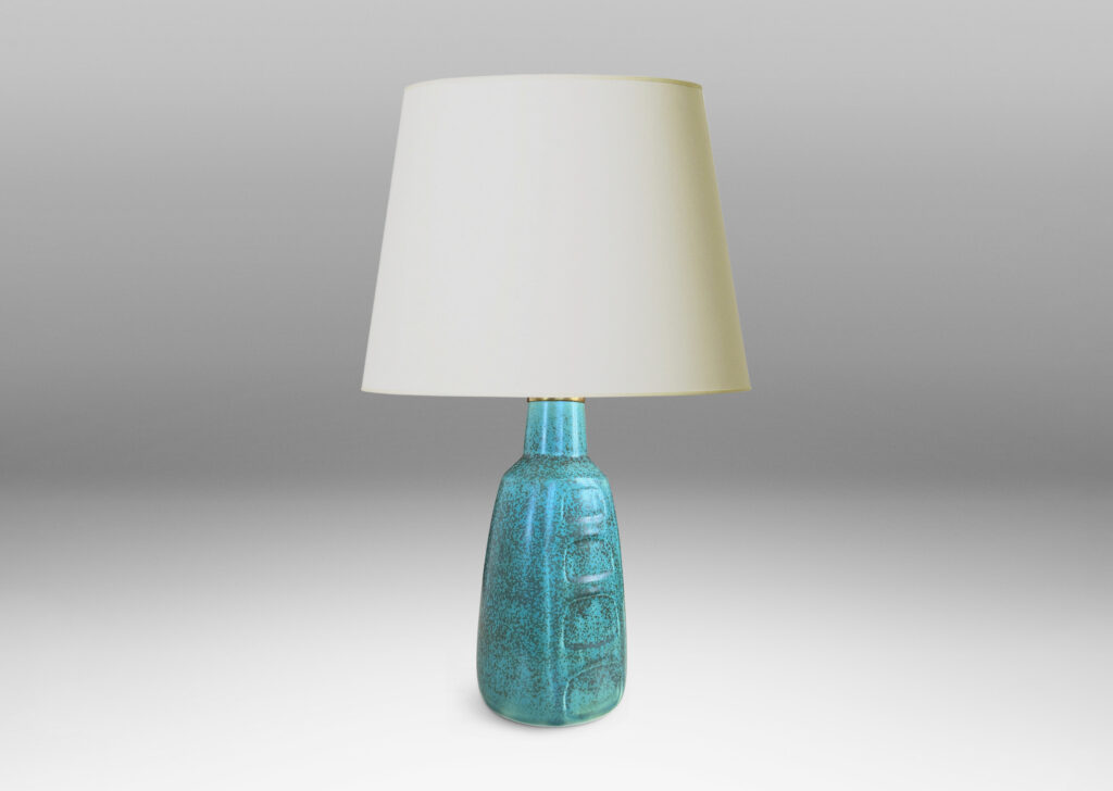 Gallery BAC conical form with two flat faces decorated with organic panels, glazed in a mottled turquoise