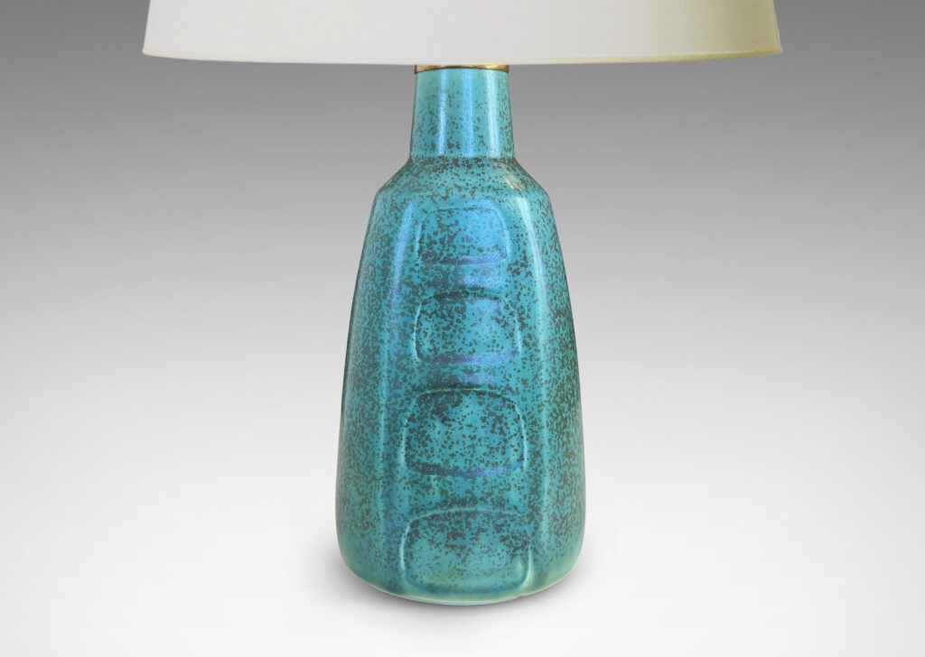 Gallery BAC conical form with two flat faces decorated with organic panels, glazed in a mottled turquoise
