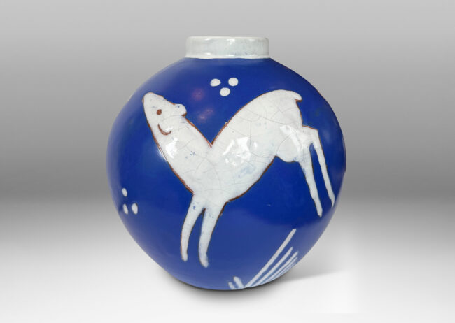 Gallery BAC globe form with cuff neck, glazed ultramarine blue with white animal figures and geometrics