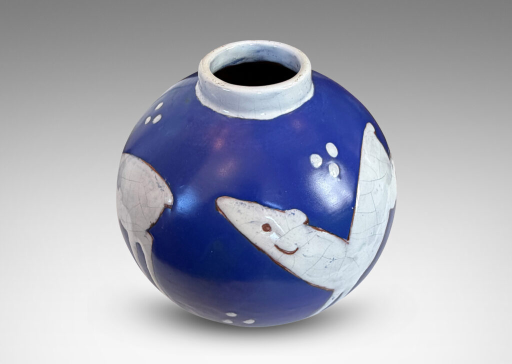 Gallery BAC globe form with cuff neck, glazed ultramarine blue with white animal figures and geometrics